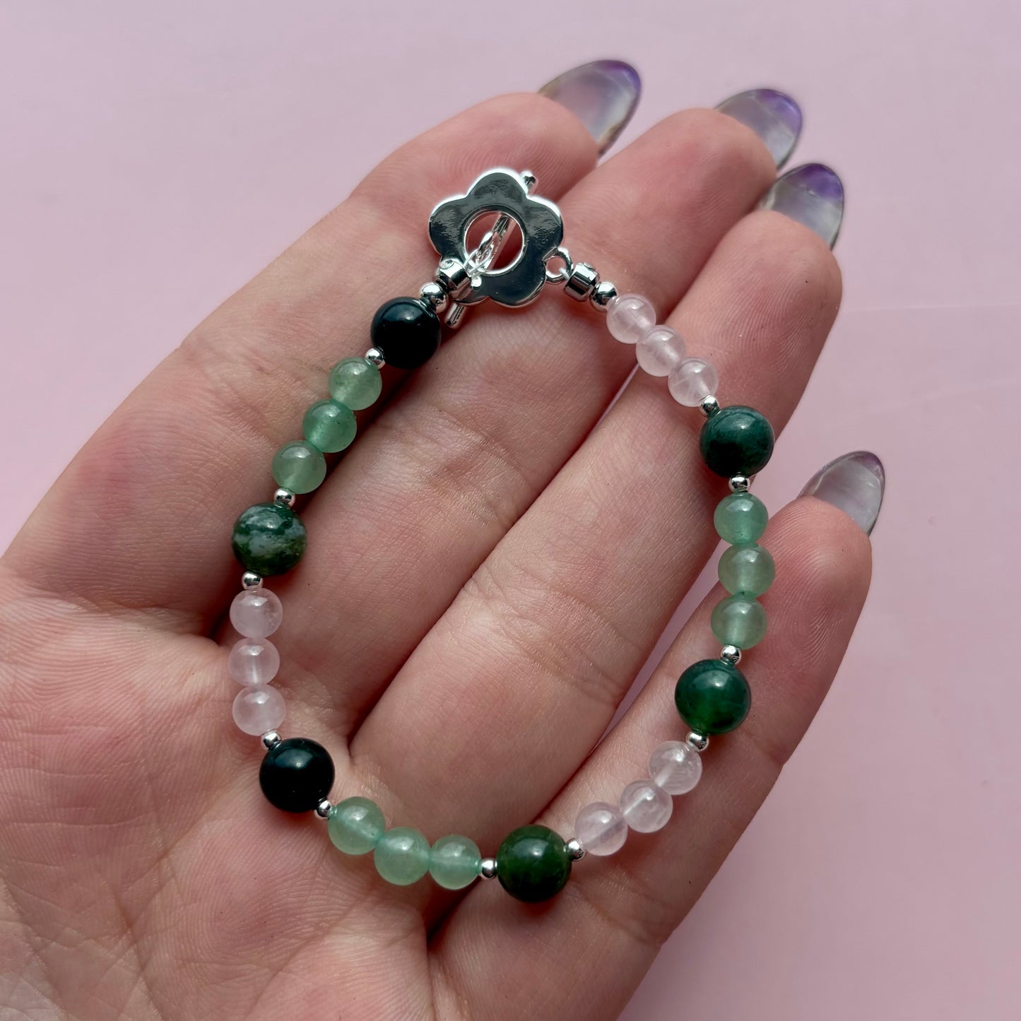 MOSS AGATE + ROSE QUARTZ + GREEN AVENTURINE BRACELET