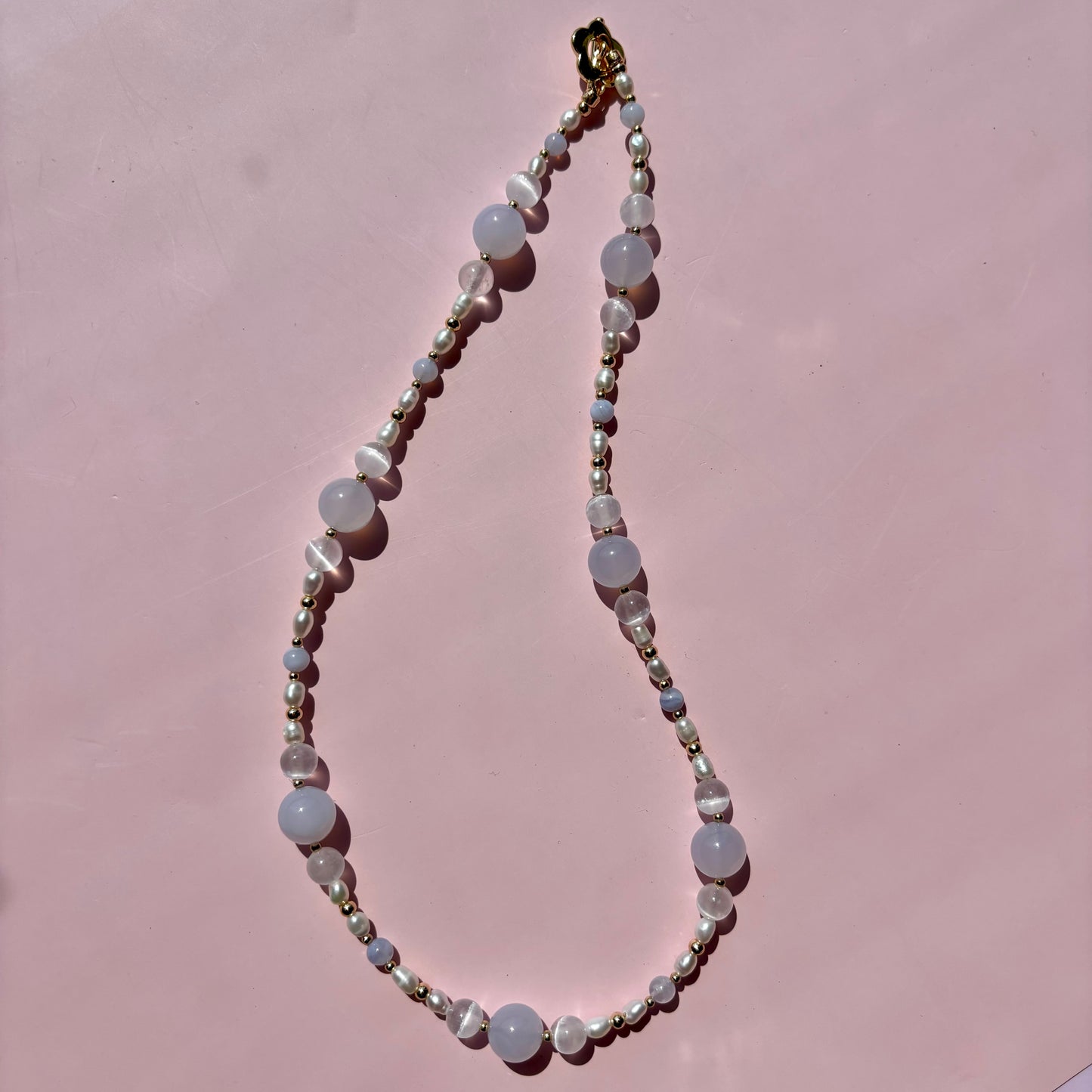 BLUE CHALCEDONY + PEARL + SELENITE NECKLACE