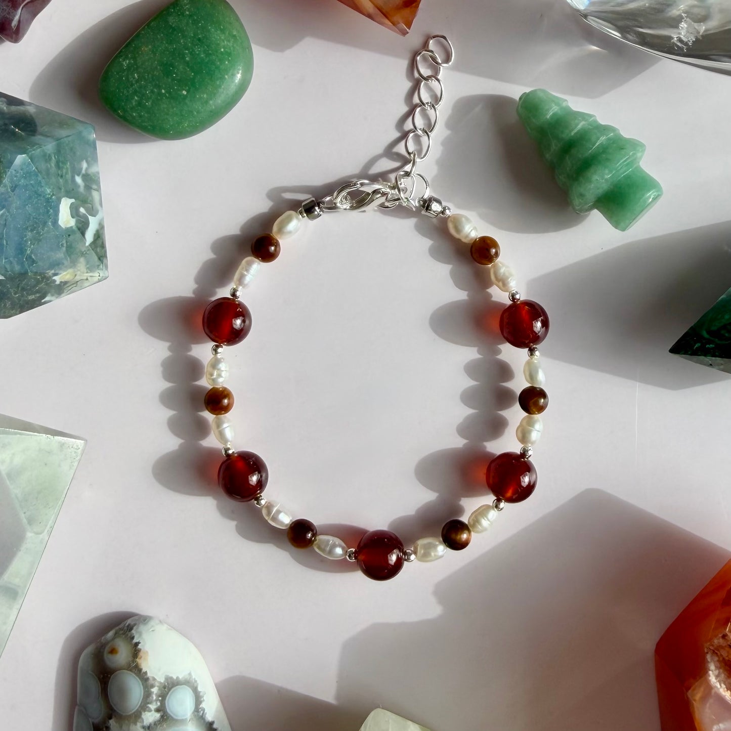 GARNET + TIGERS EYE + PEARL BRACELET