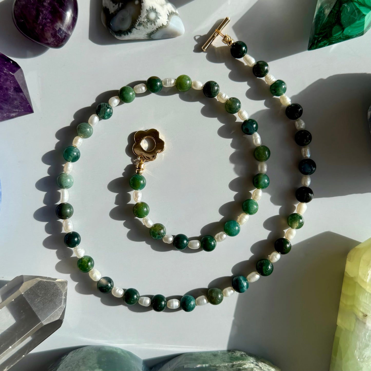 MOSS AGATE + PEARL NECKLACE