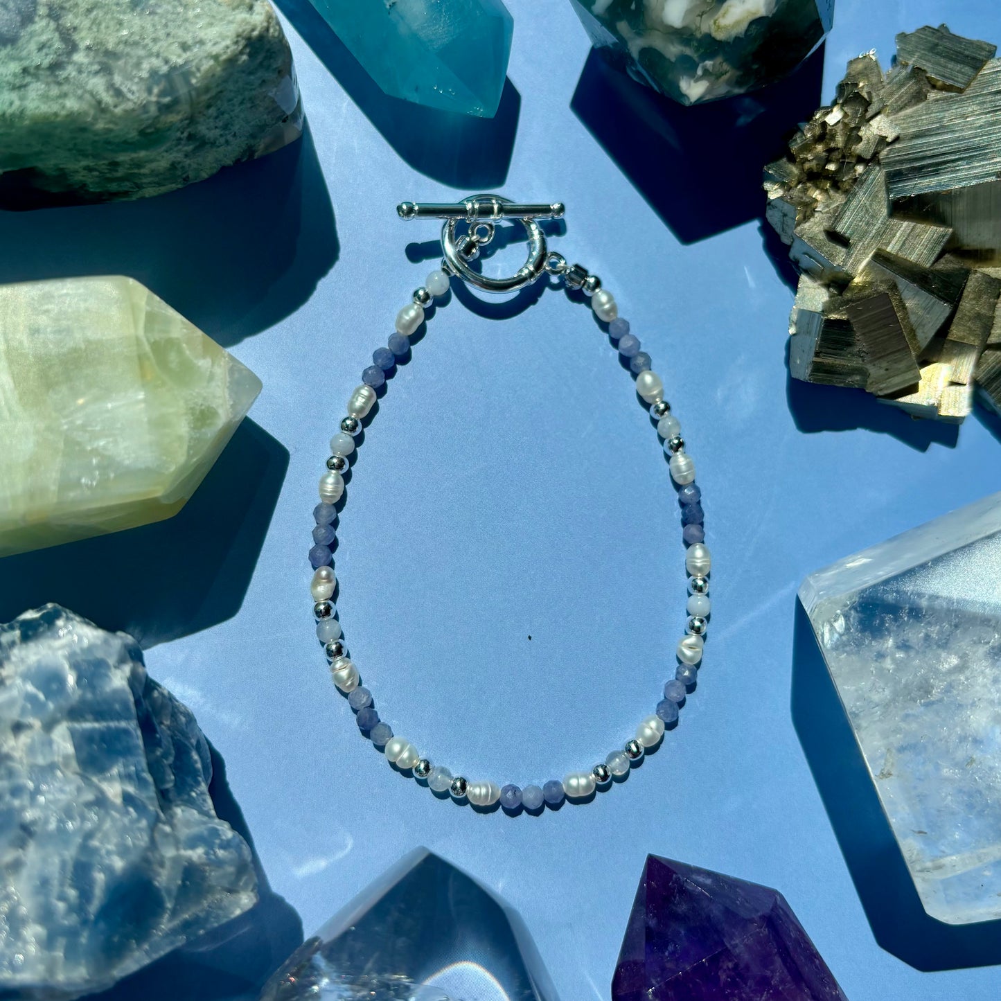 TANZANITE + BLUE LACE AGATE+ PEARL BRACELET