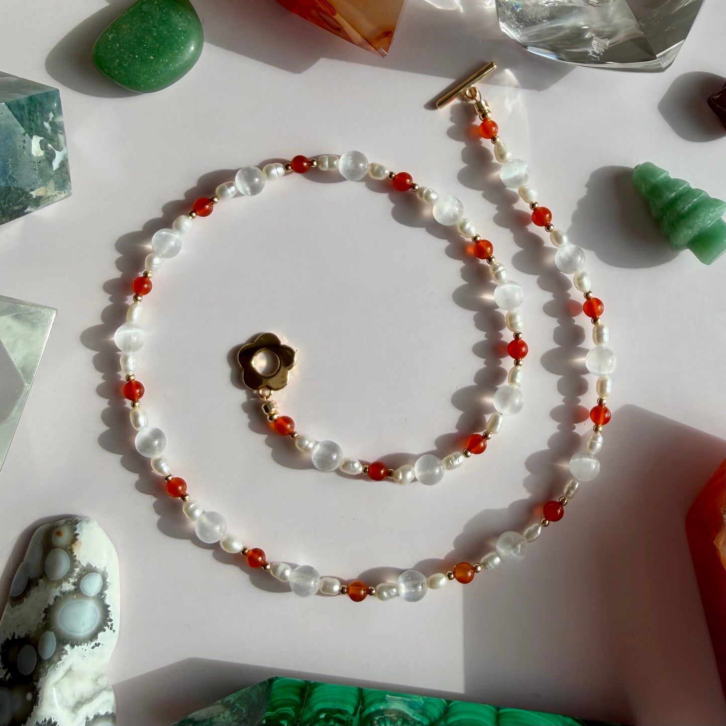 CARNELIAN + SELENITE + PEARL NECKLACE