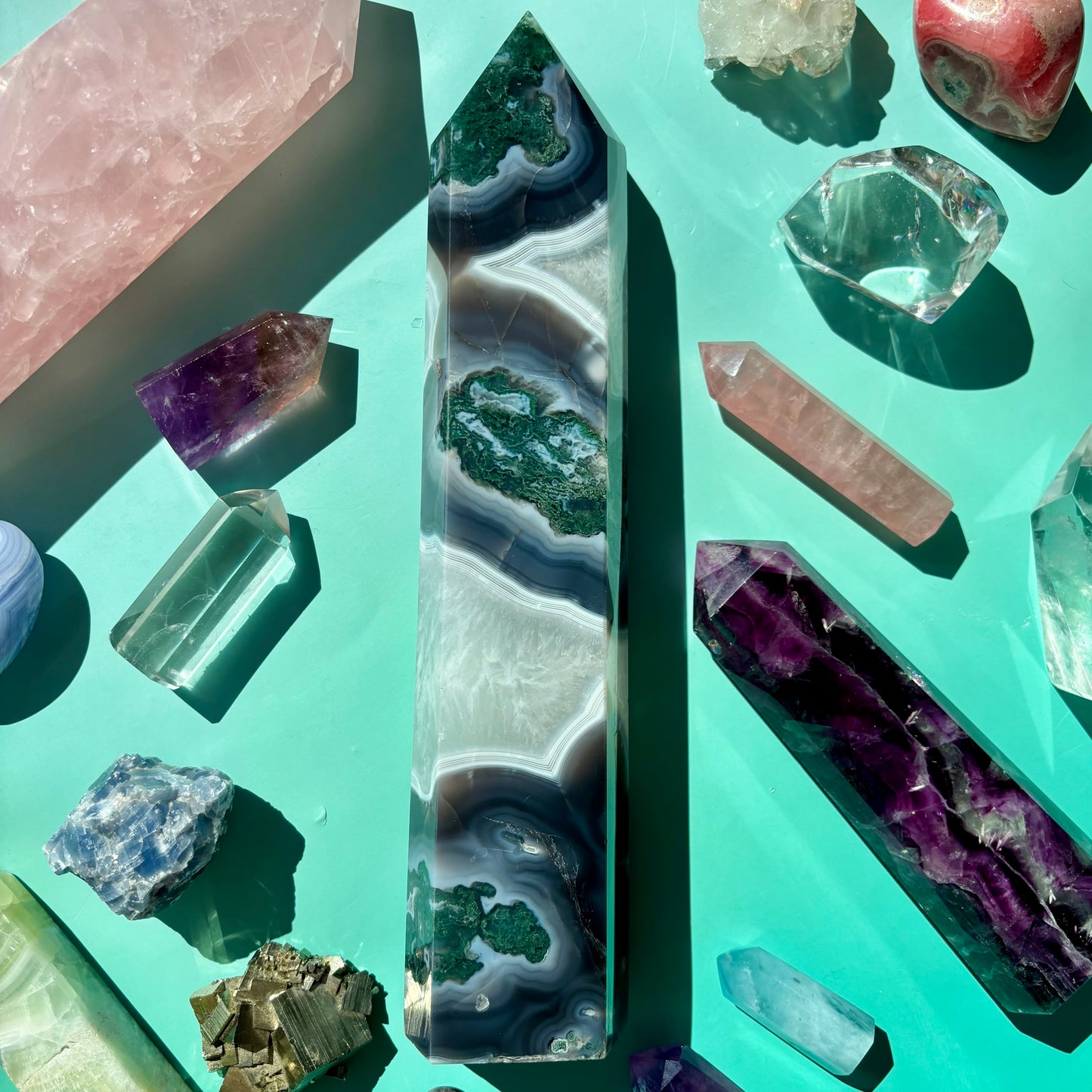 XL MOSS AGATE AND QUARTZ TOWERS