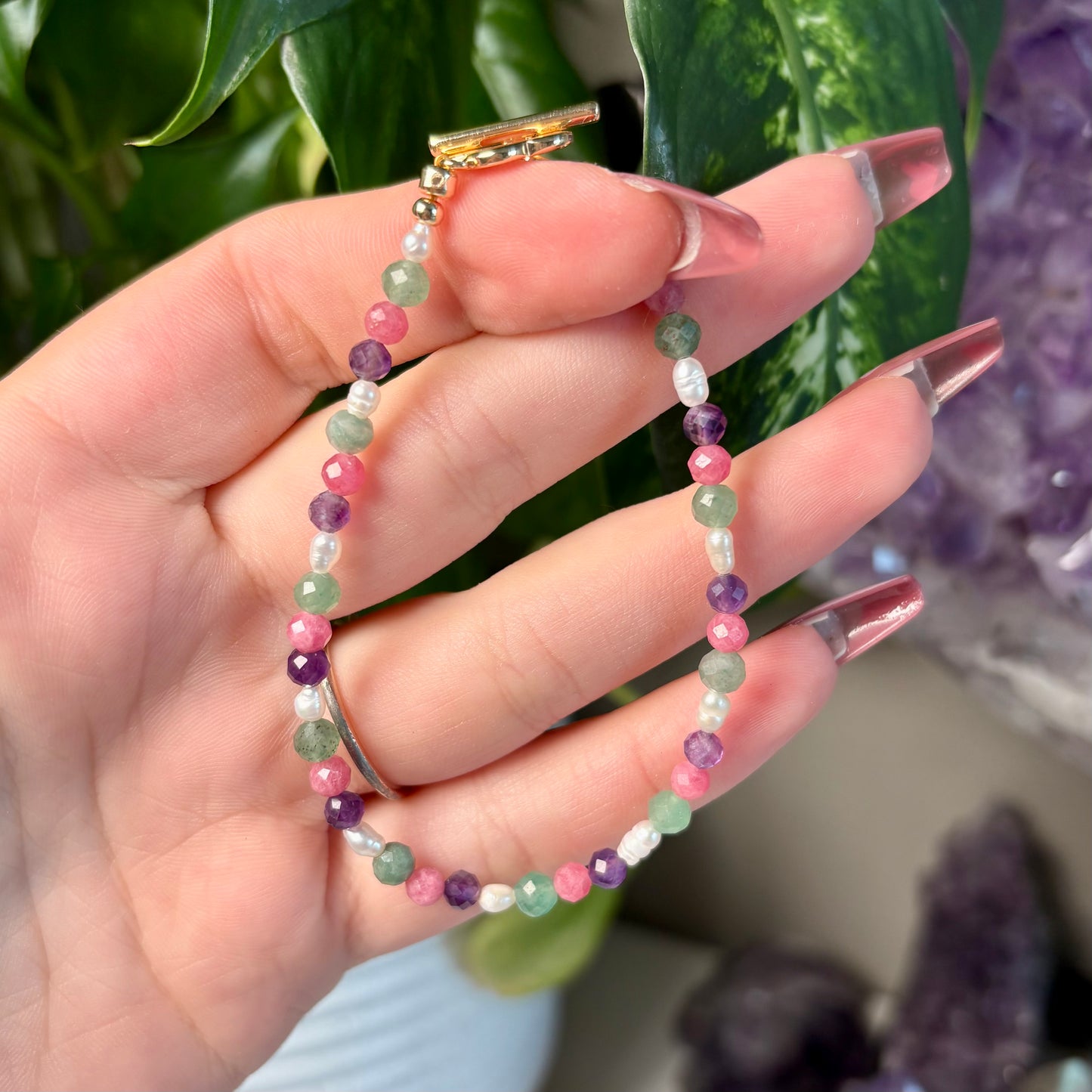RHODONITE+ AMETHYST + GREEN AVENTURINE BRACELET