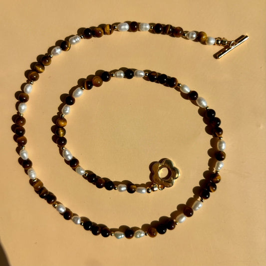 TIGERS EYE + PEARL NECKLACE