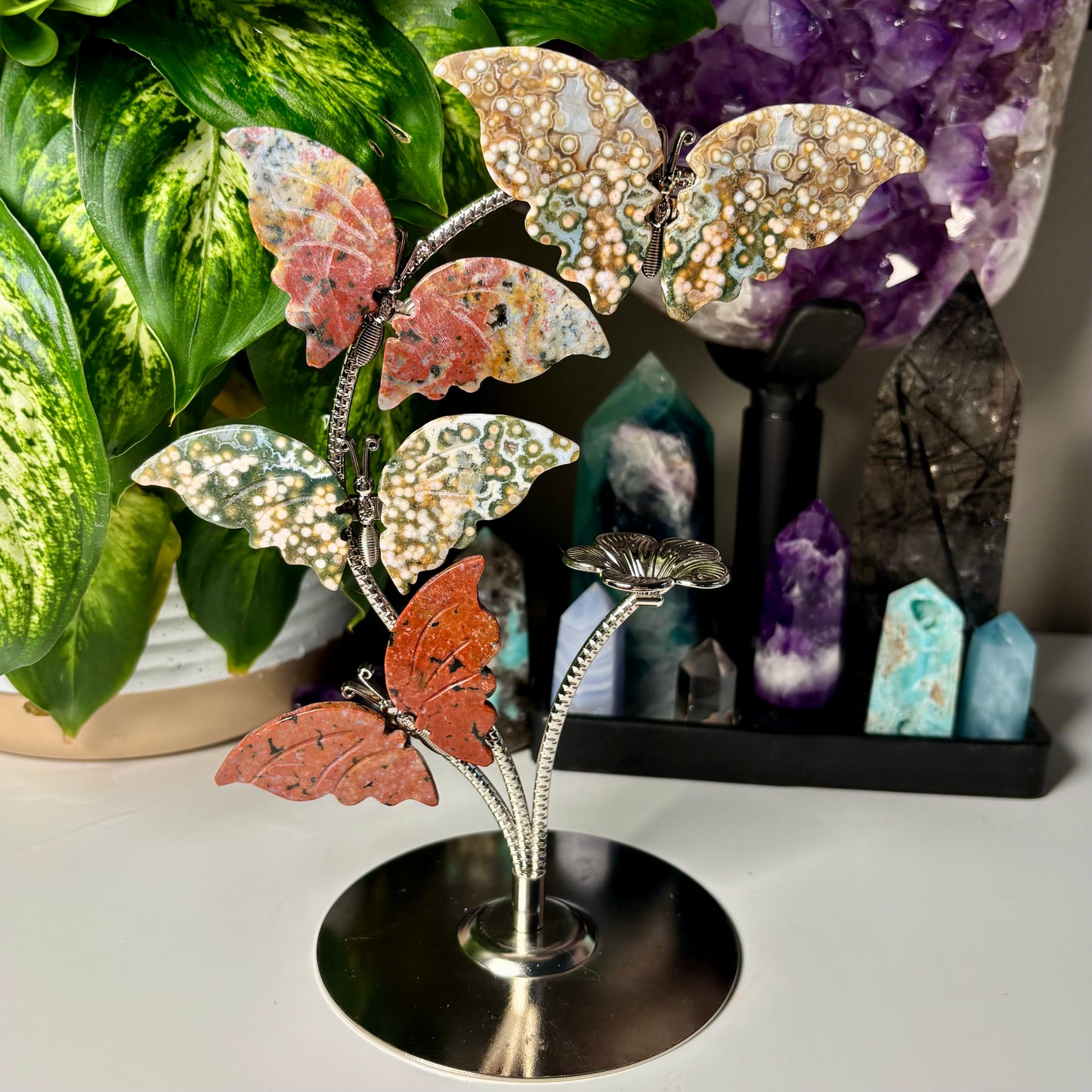OCEAN JASPER BUTTERFLY ON STAND + SPHERE HOLDER