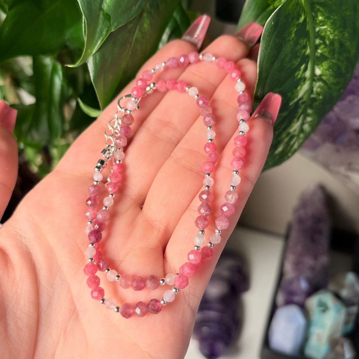 RHODONITE + KUNZITE + PINK TOURMALINE NECKLACE