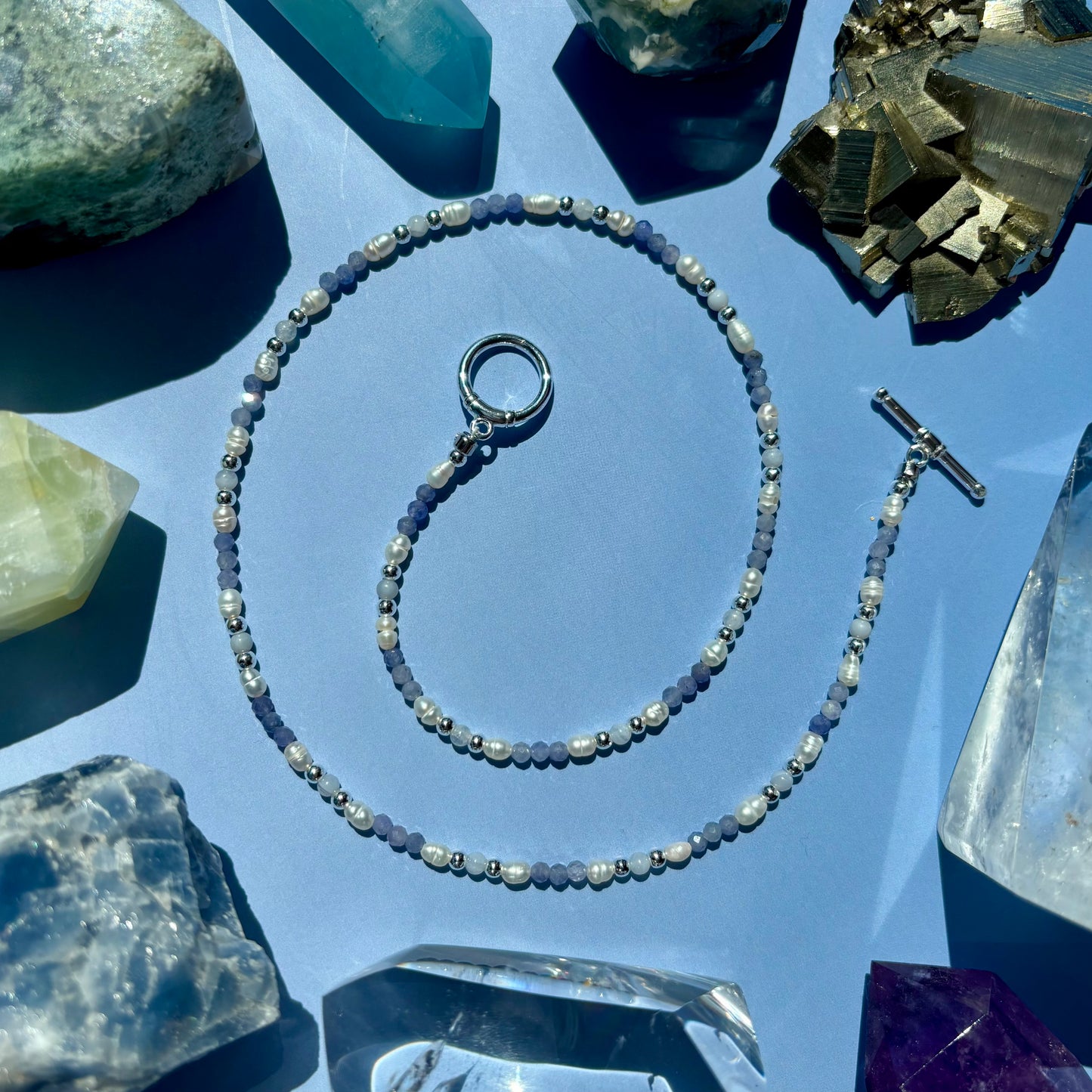 TANZANITE + BLUE LACE AGATE+ PEARL NECKLACE