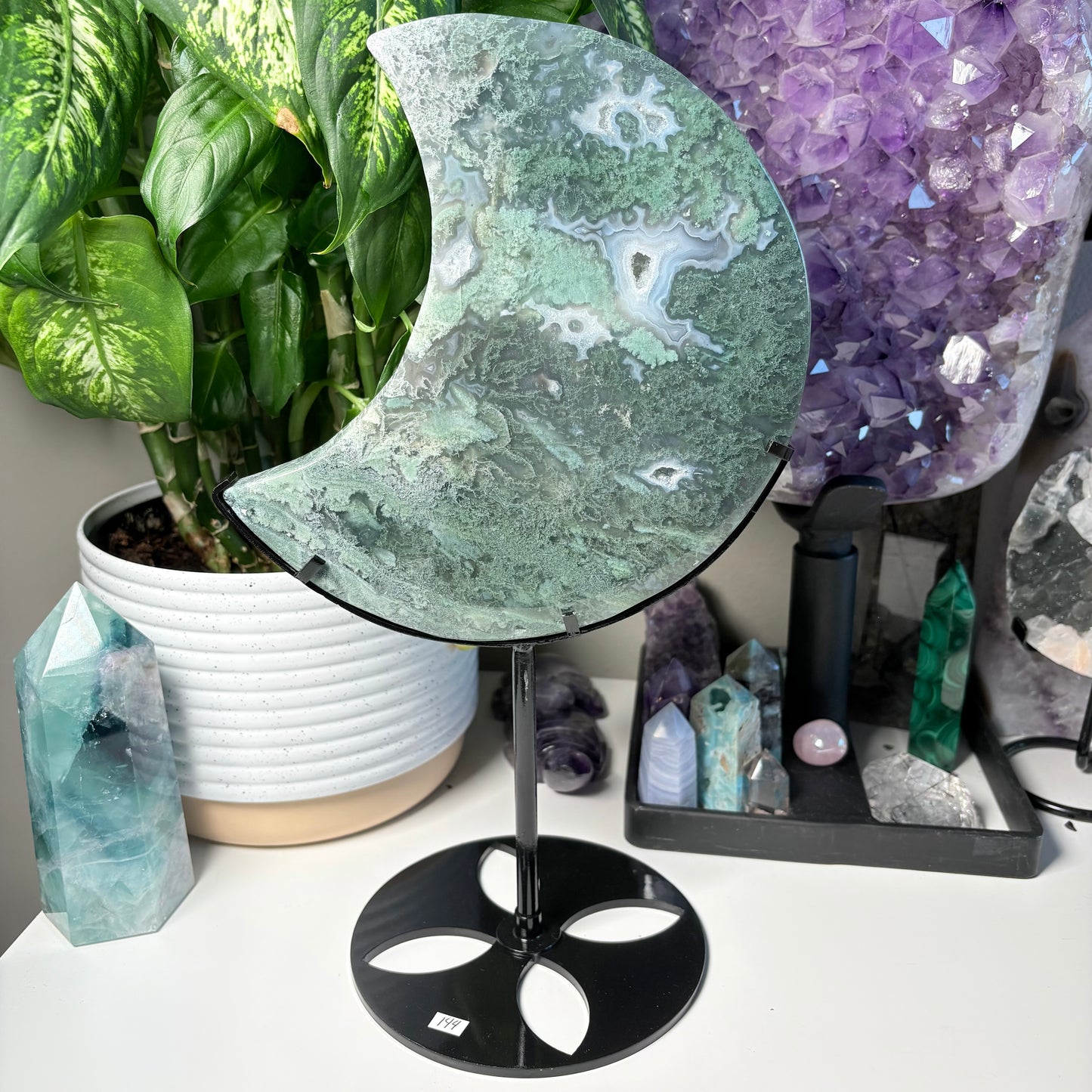 MOSS AGATE MOON ON STAND - 144