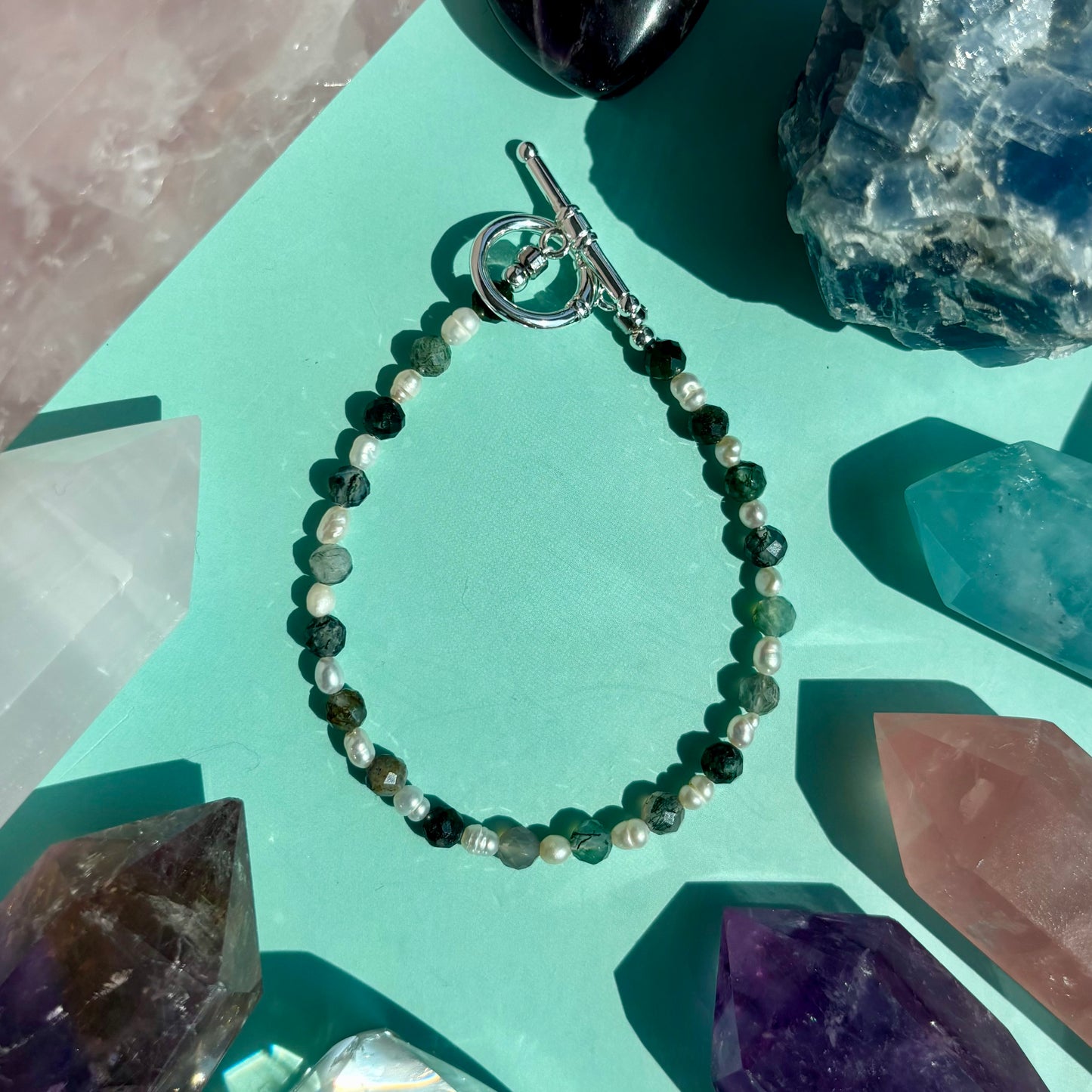 MOSS AGATE + PEARL BRACELET