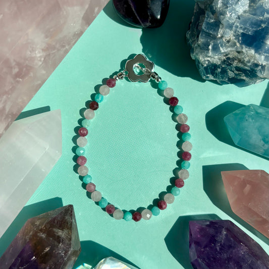 PINK TOURMALINE + ROSE QUARTZ + AMAZONITE BRACELET