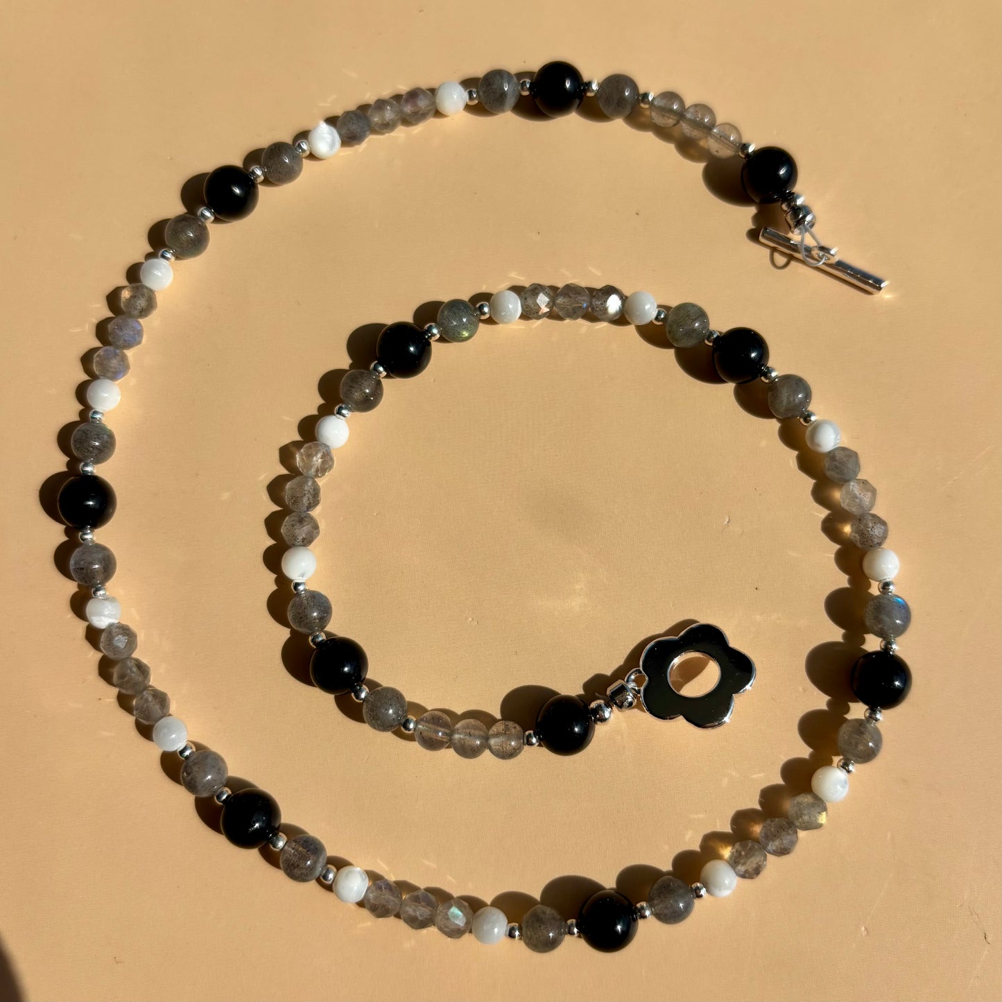 BLACK TOURMALINE + LABRADORITE + MOTHER OF PEARL NECKLACE