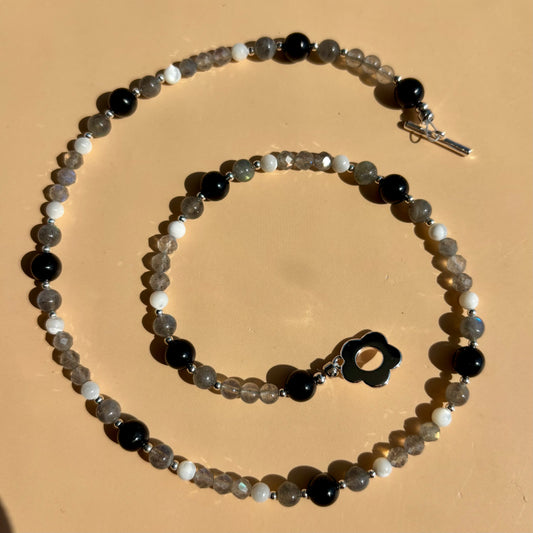 BLACK TOURMALINE + LABRADORITE + MOTHER OF PEARL NECKLACE