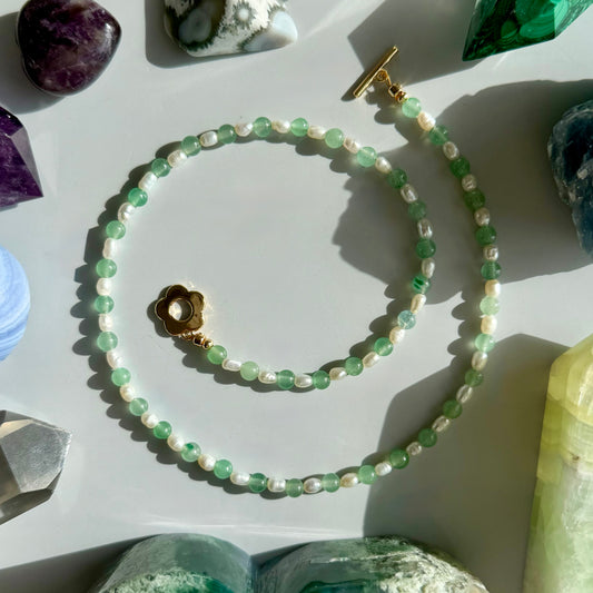 GREEN AVENTURINE + PEARL NECKLACE