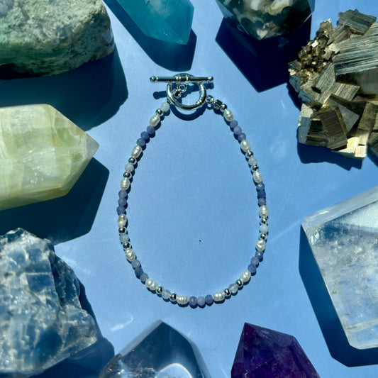 TANZANITE + BLUE LACE AGATE+ PEARL BRACELET