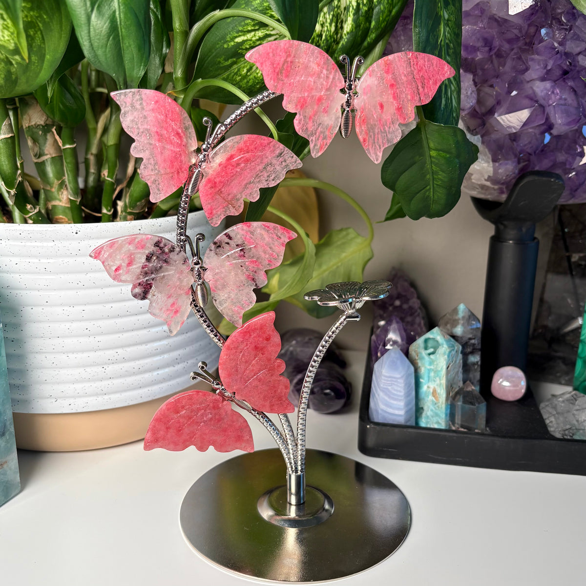 RHODONITE AND QUARTZ BUTTERFLY + SPHERE STAND