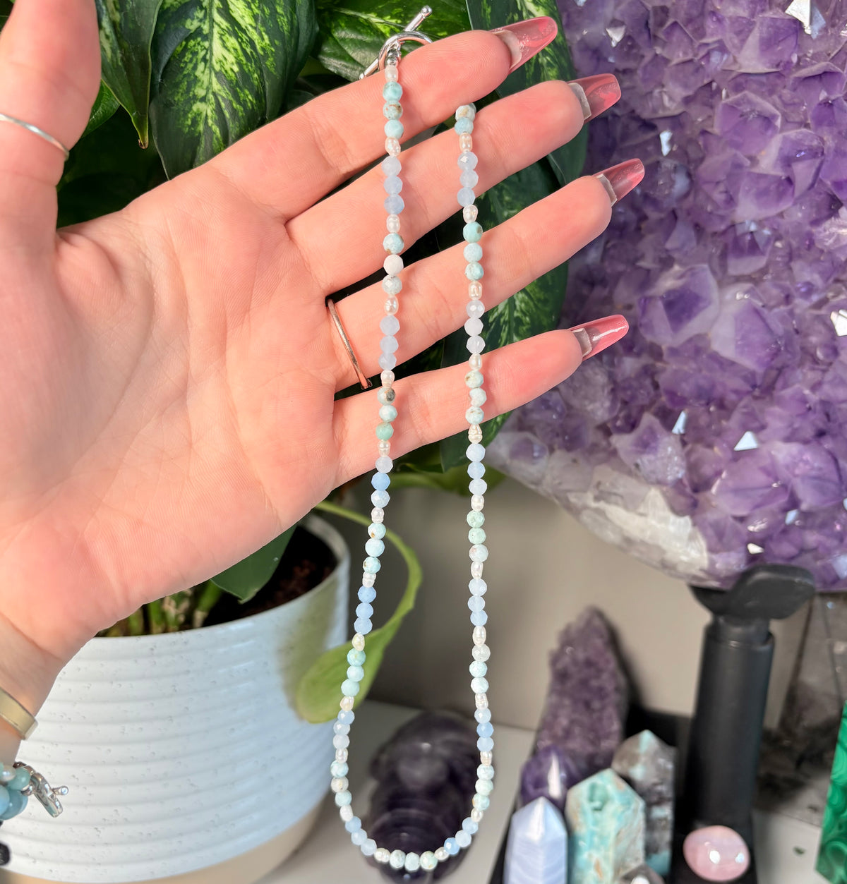 AQUAMARINE + LARIMAR + PEARL NECKLACE