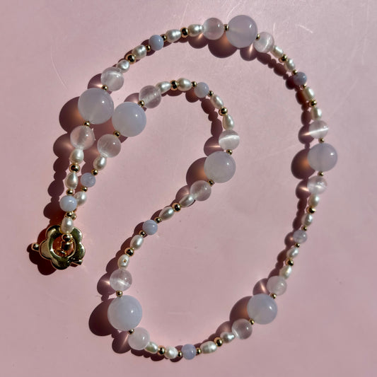 BLUE CHALCEDONY + PEARL + SELENITE NECKLACE