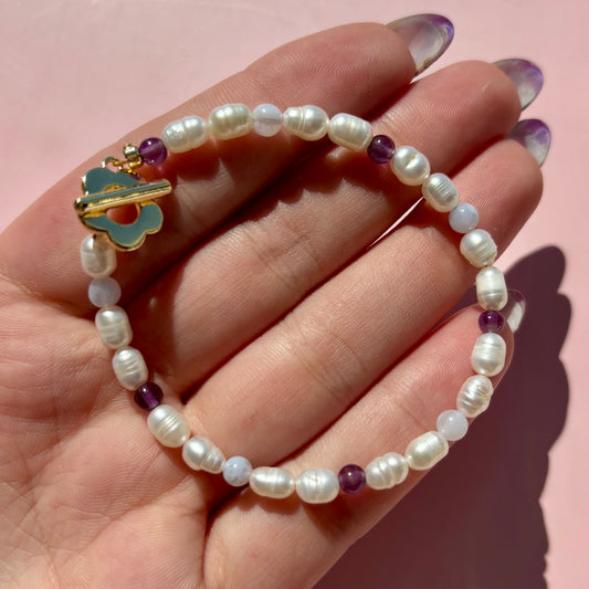 BLUE CHALCEDONY + AMETHYST + PEARL BRACELET