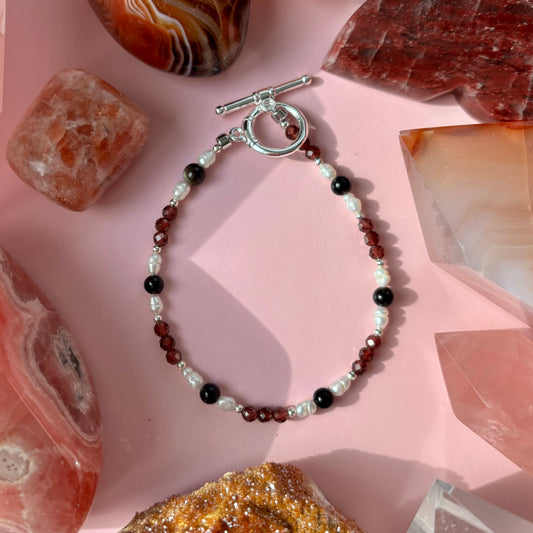 GARNET + GOLD SHEEN OBSIDIAN + PEARL BRACELET