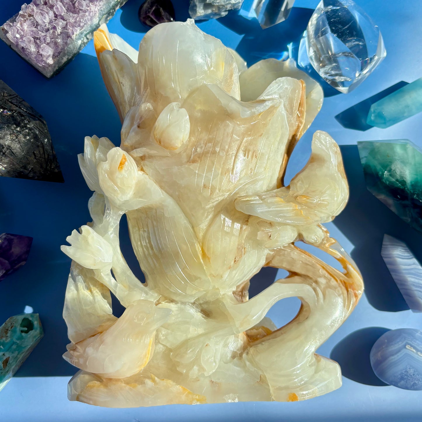YELLOW CALCITE BIRDS AND FLOWER BOWL - 333