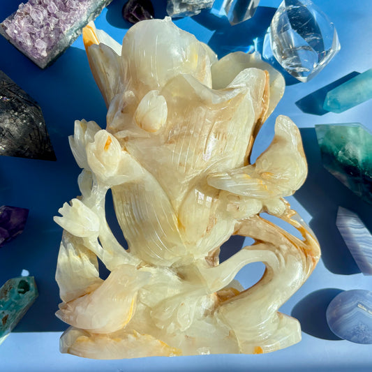YELLOW CALCITE BIRDS AND FLOWER BOWL - 333