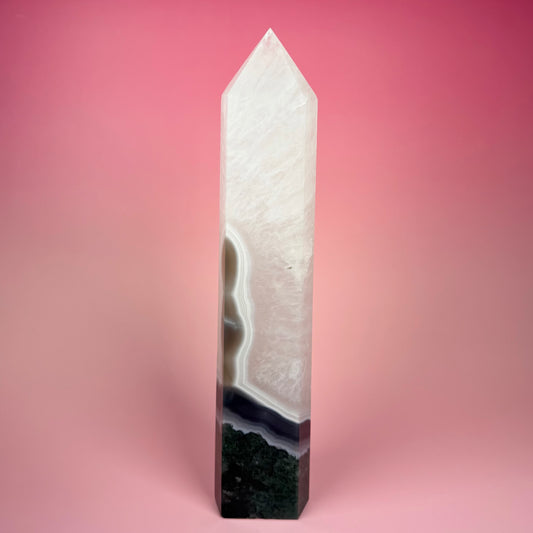 MOSS AGATE AND QUARTZ TOWER