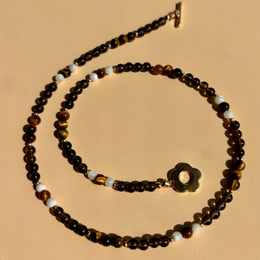 SMOKEY QUARTZ + TIGERS EYE +  MOTHER OF PEARL NECKLACE