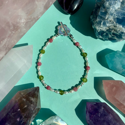 PERIDOT + RHODONITE + PEARL BRACELET