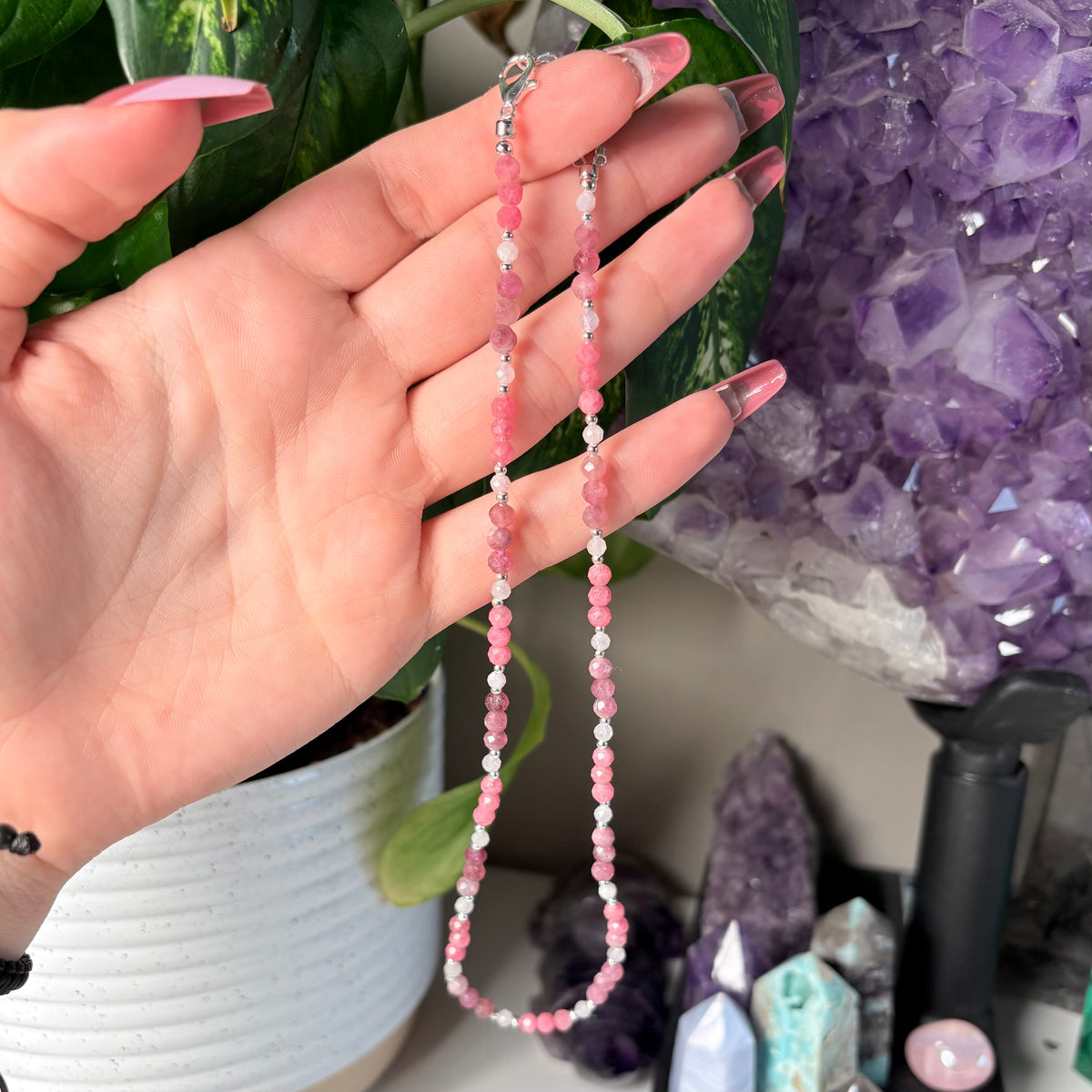 RHODONITE + KUNZITE + PINK TOURMALINE NECKLACE