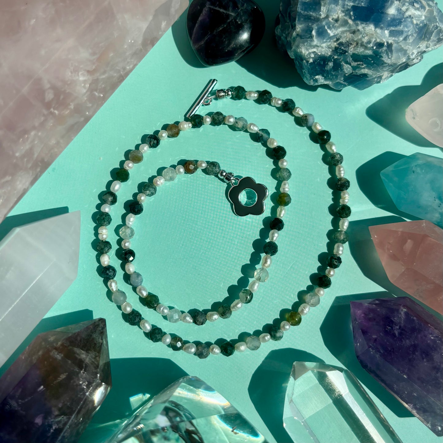 MOSS AGATE + PEARL NECKLACE