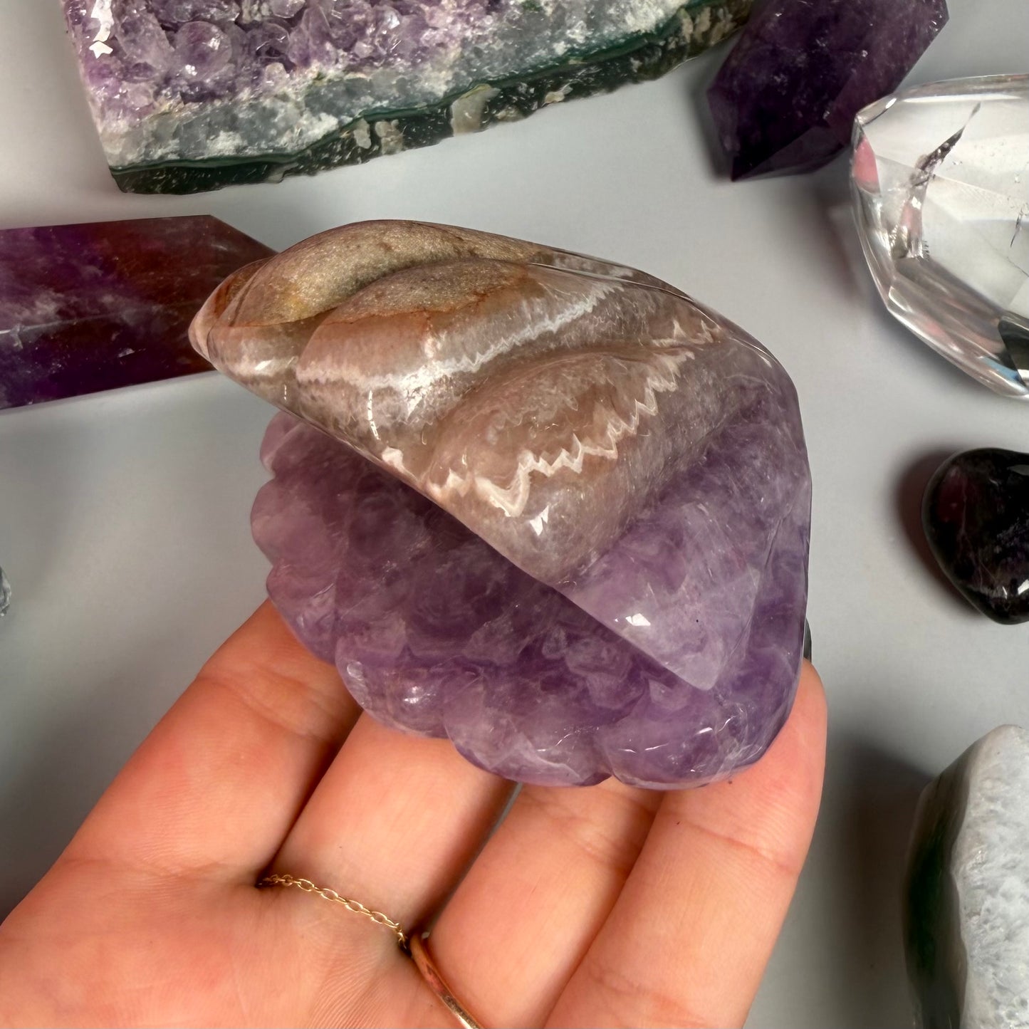 AMETHYST AND MEXICAN AGATE CLAMSHELL