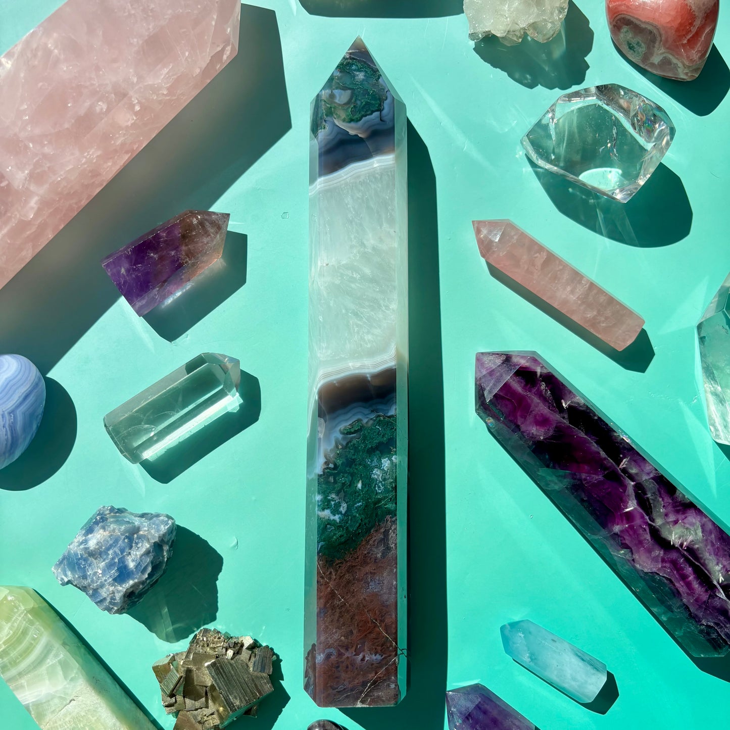 XL MOSS AGATE AND QUARTZ TOWERS