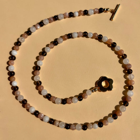 SMOKY QUARTZ + PEACH MOONSTONE + WHITE AGATE NECKLACE