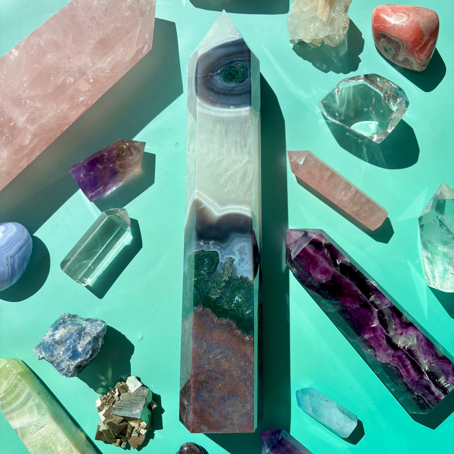 XL MOSS AGATE AND QUARTZ TOWERS