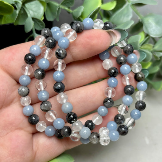 TRANQUILITY BRACELET (LARVIKITE, ANGELITE, CLEAR QUARTZ)