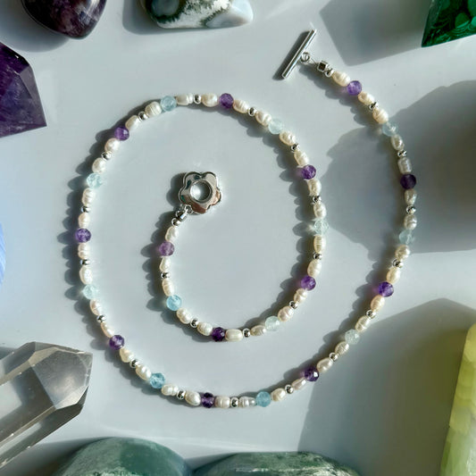 AQUAMARINE + AMETHYST + PEARL NECKLACE