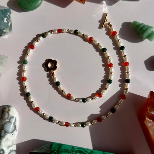 CARNELIAN + MOSS AGATE + PEARL NECKLACE